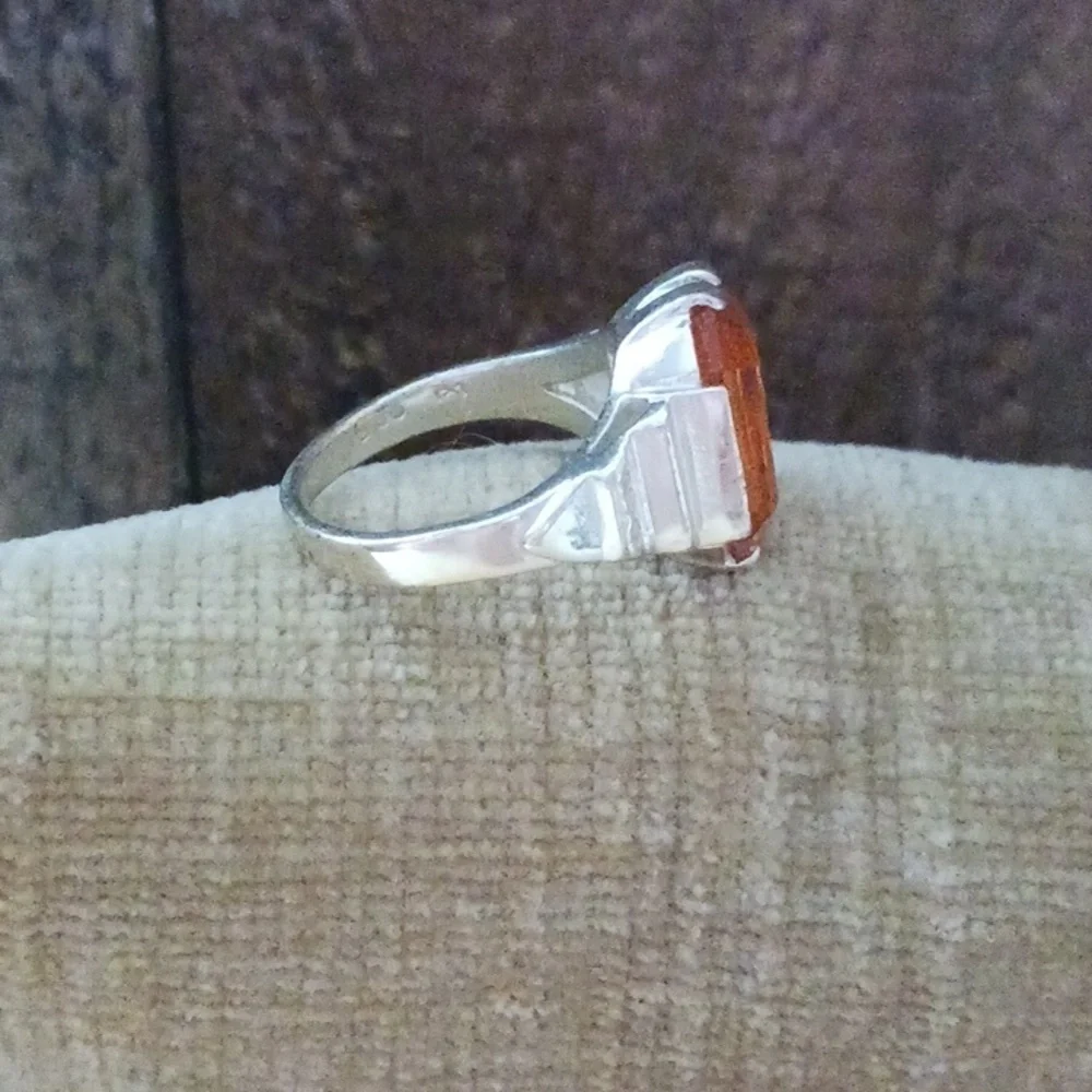 Synthetic Orange Stone Four Prong Set Silver Ring